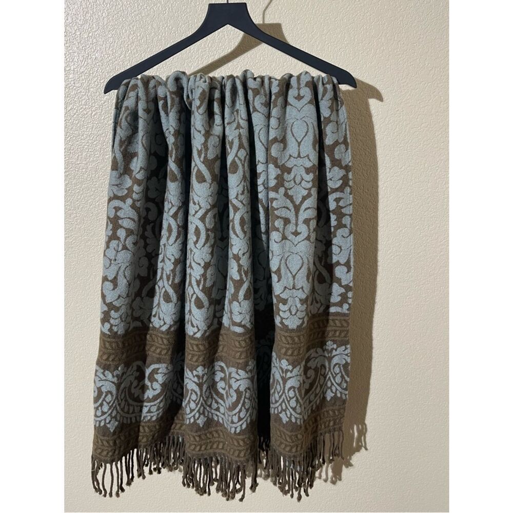 Restoration Hardware Blue & Brown Damask Wool Throw